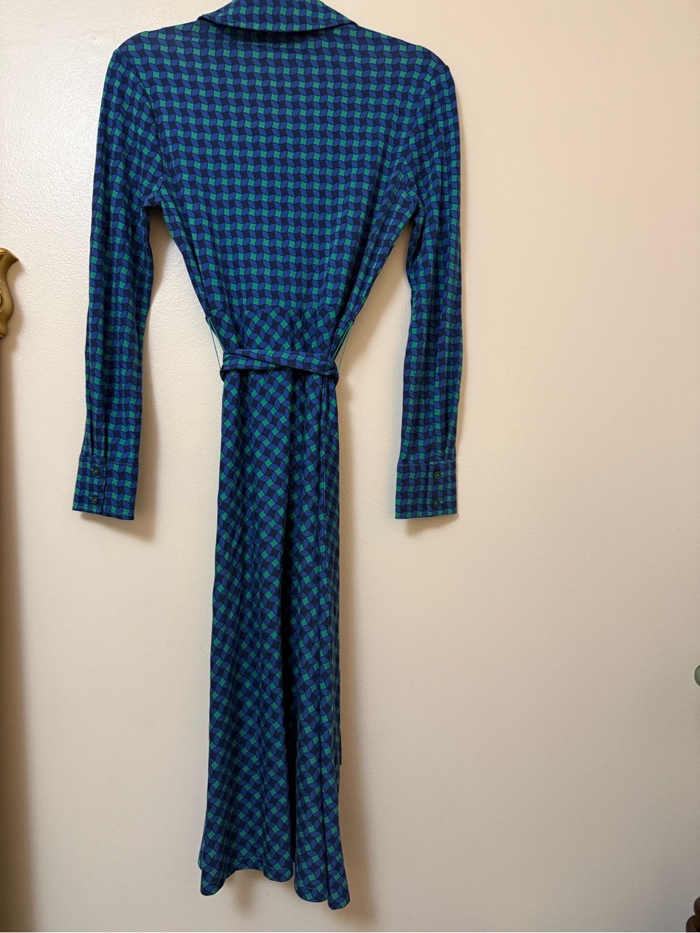 Boden cotton blend Blue & Green Geometric Shirt Dress with Tie Waist - Picture 2 of 10